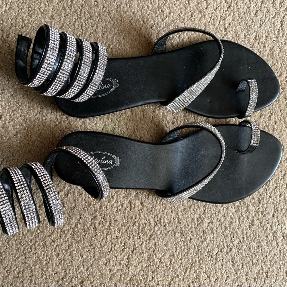 Black and Crystal aviator sandals, size 9, fancy and fun!